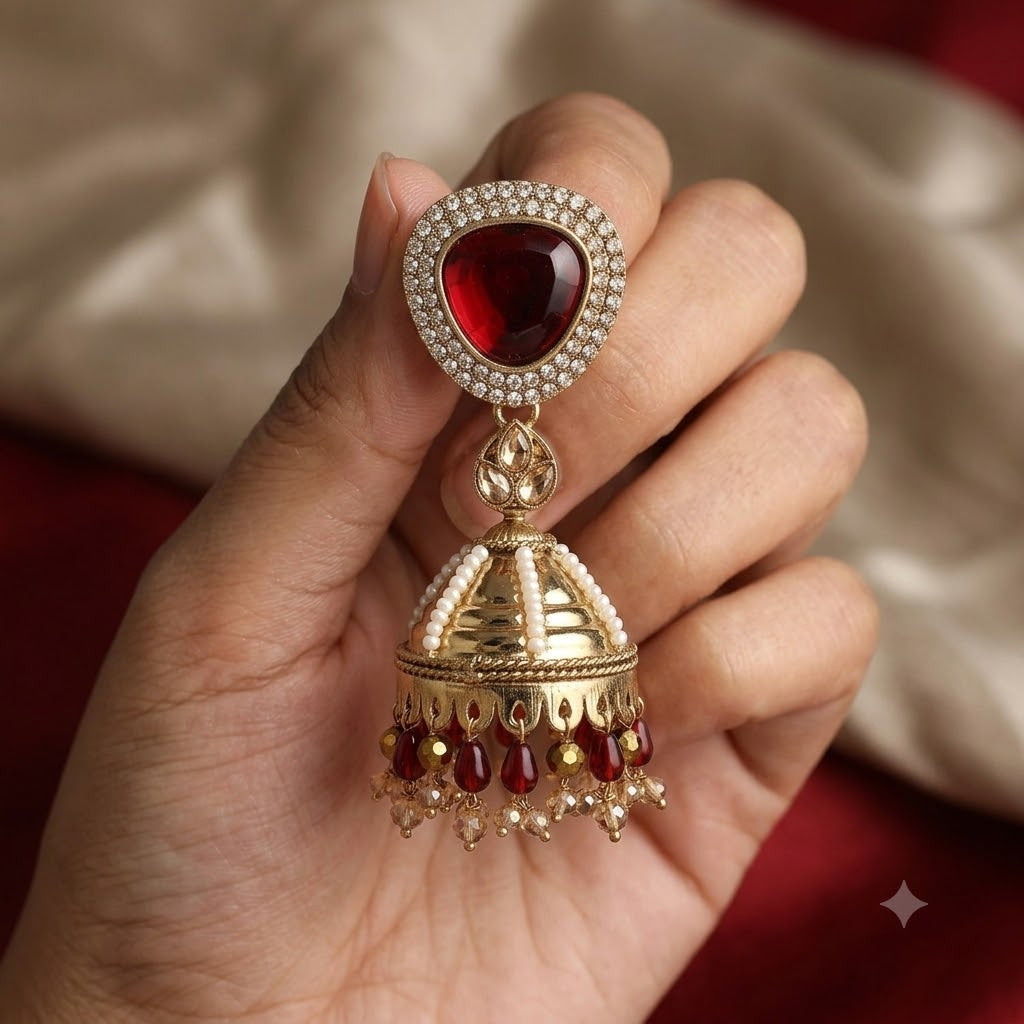 Kundan Pearl Drop Matt Finish Festive Ethnic Jhumki (Round To Stud)