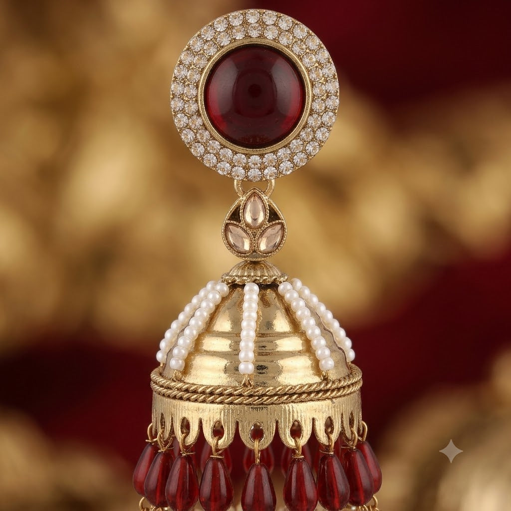 Kundan Pearl Drop Matt Finish Festive Ethnic Jhumki (Round To Stud)