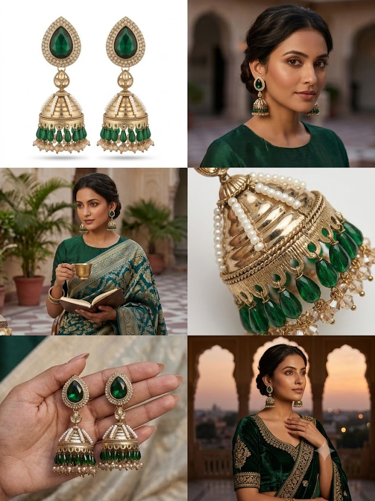 Kundan Pearl Drop Matt Finish Festive Ethnic Jhumki (Round To Stud)