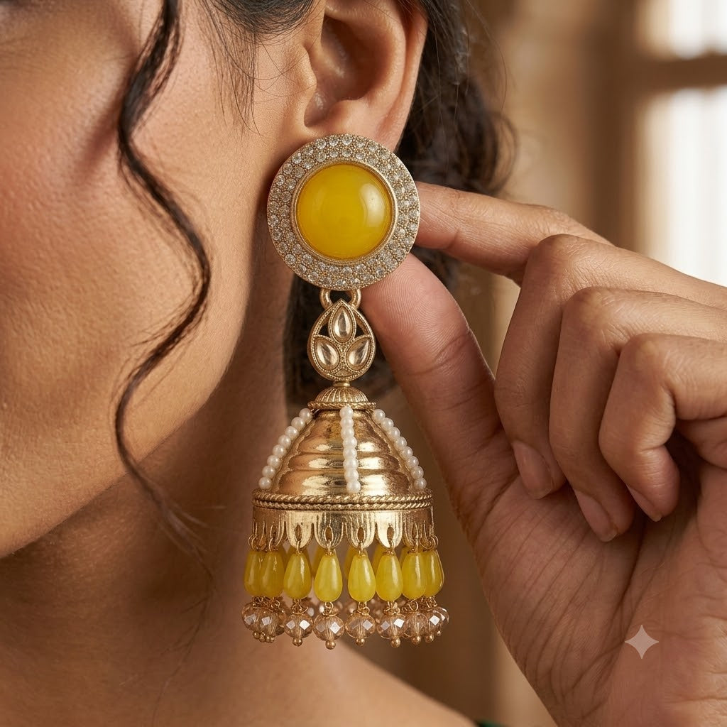 Kundan Pearl Drop Matt Finish Festive Ethnic Jhumki (Round To Stud)