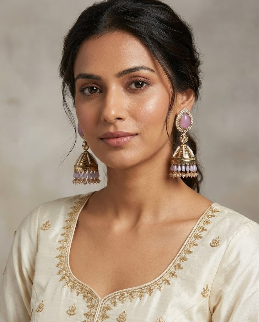 Kundan Pearl Drop Matt Finish Festive Ethnic Jhumki (Round To Stud)