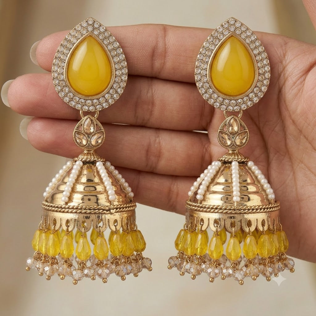 Kundan Pearl Drop Matt Finish Festive Ethnic Jhumki (Round To Stud)