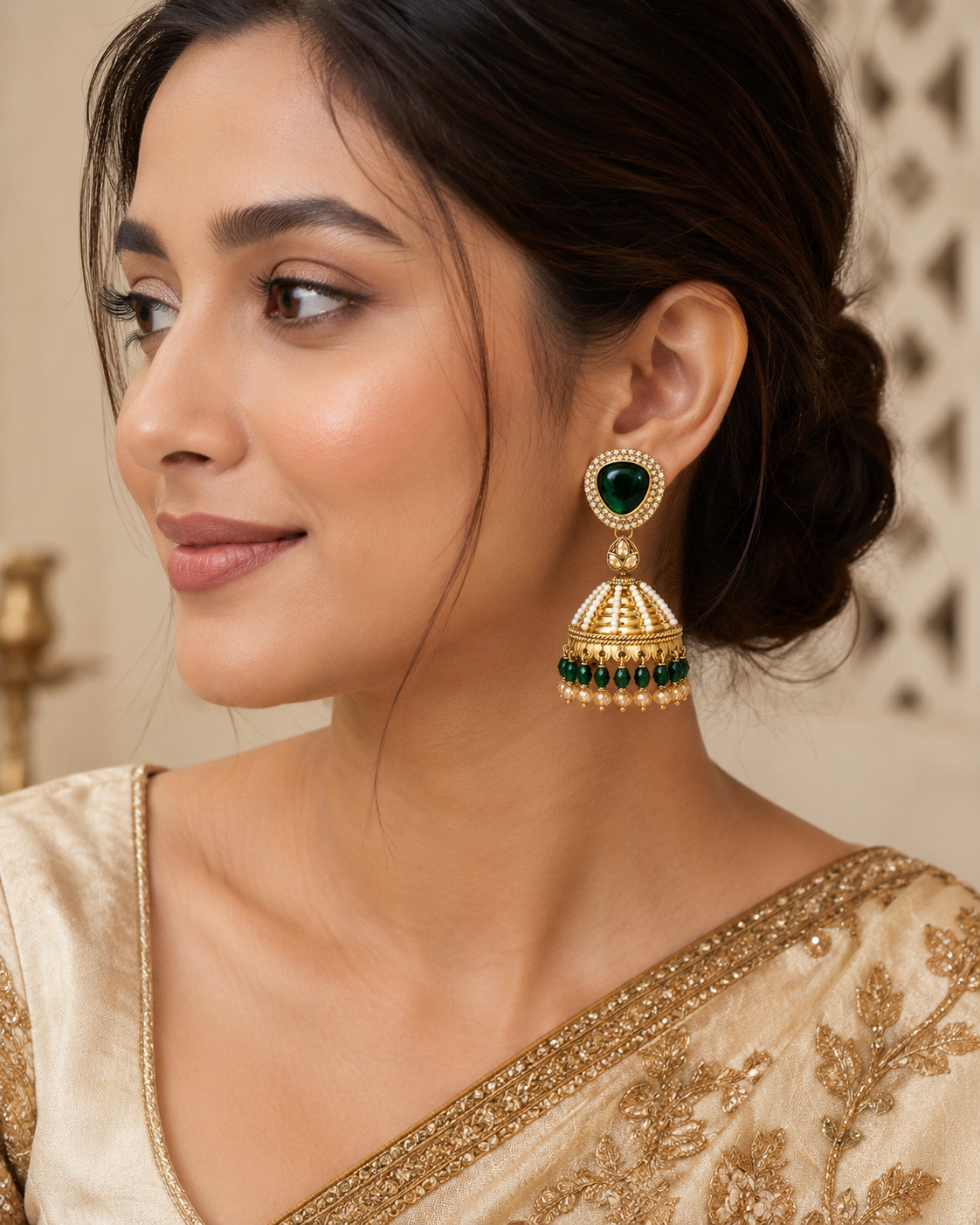 Kundan Pearl Drop Matt Finish Festive Ethnic Jhumki (Round To Stud)