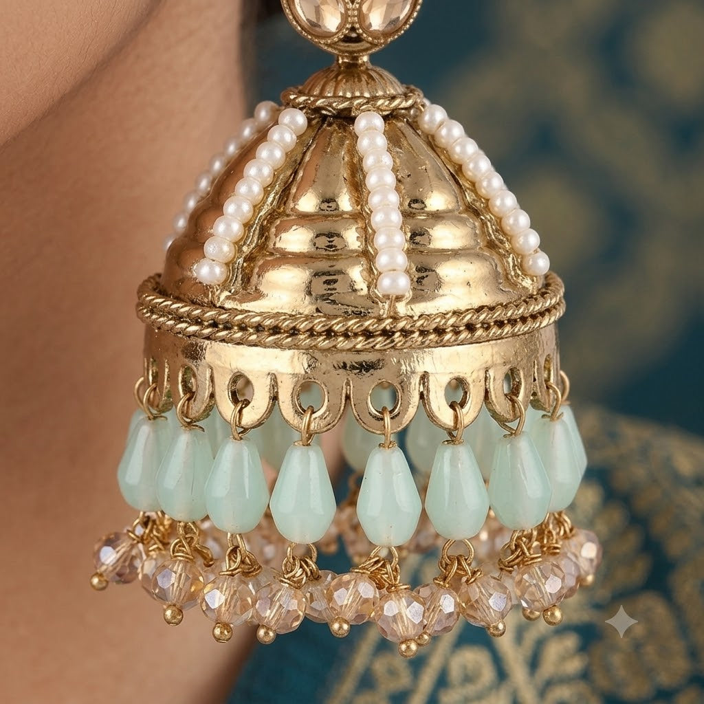 Kundan Pearl Drop Matt Finish Festive Ethnic Jhumki (Round To Stud)