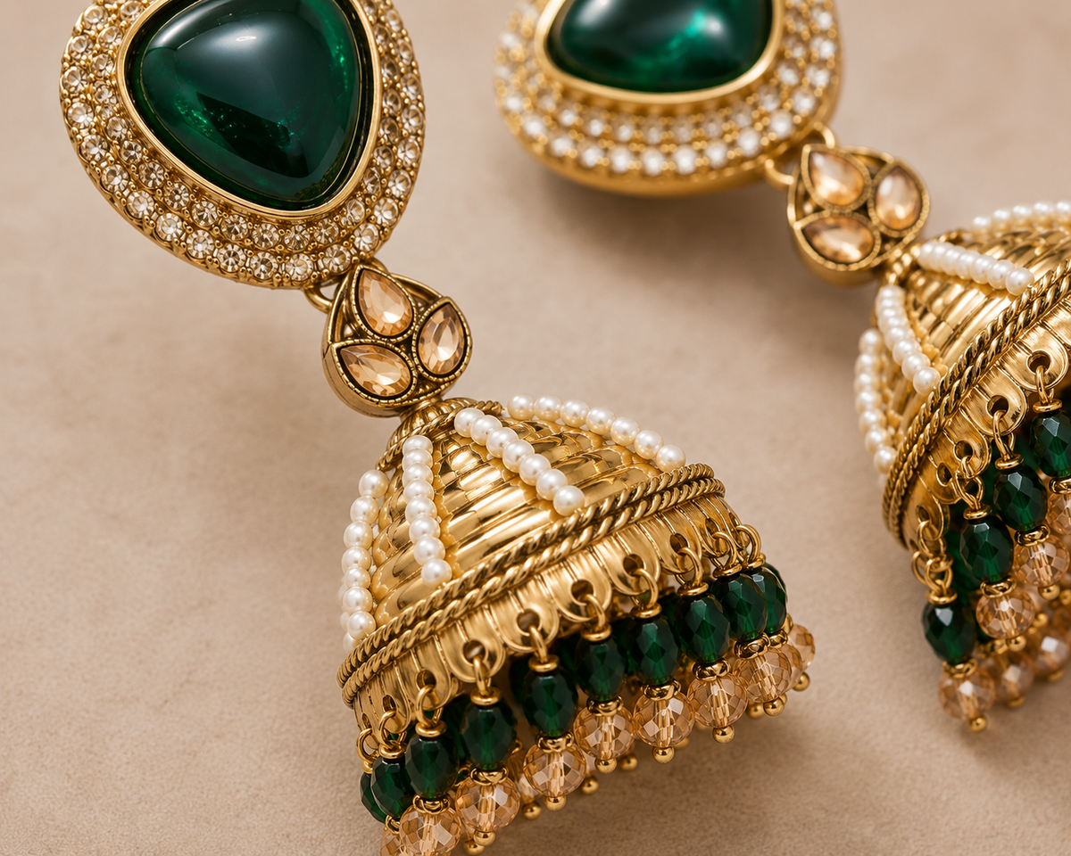 Kundan Pearl Drop Matt Finish Festive Ethnic Jhumki (Round To Stud)