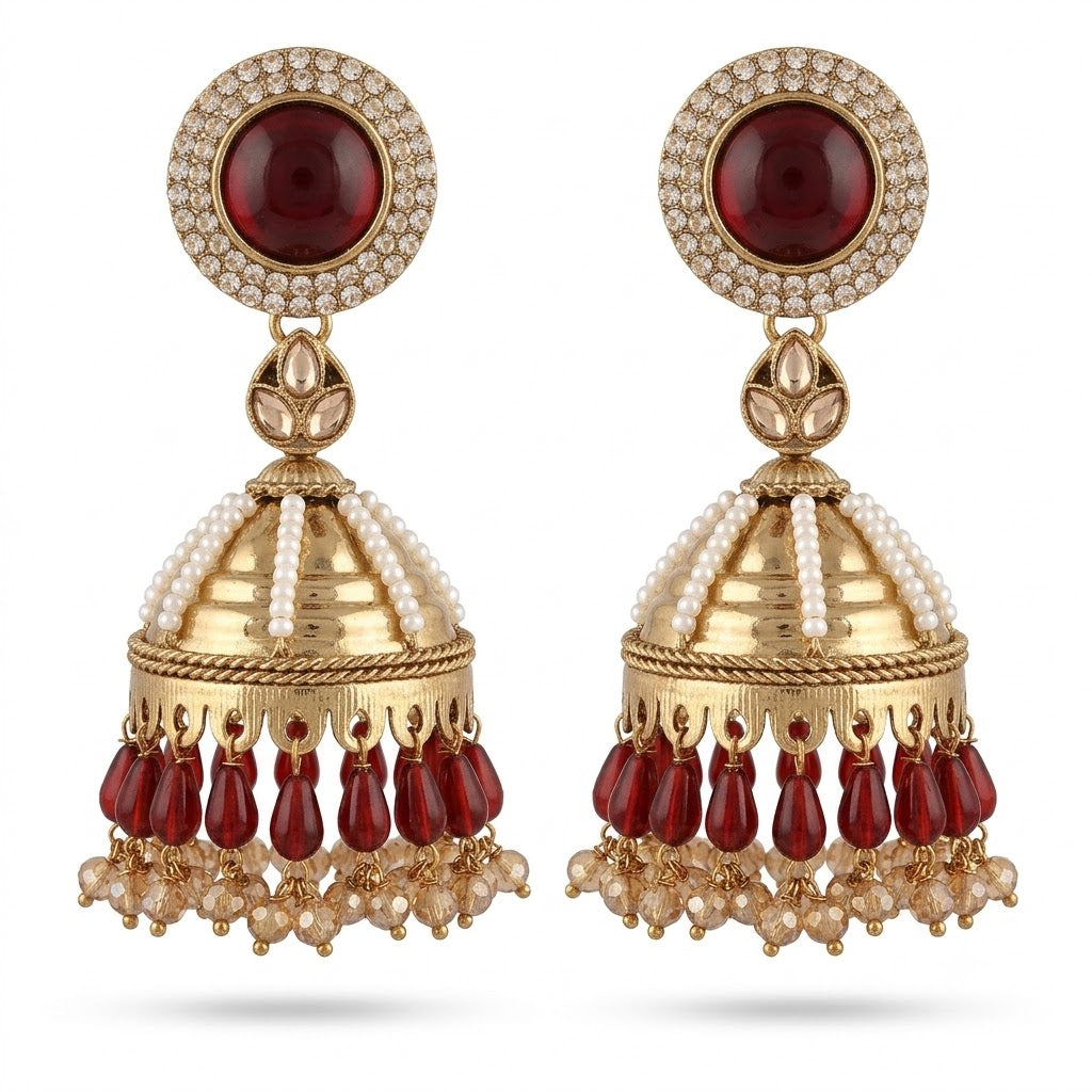 Kundan Pearl Drop Matt Finish Festive Ethnic Jhumki (Round To Stud)
