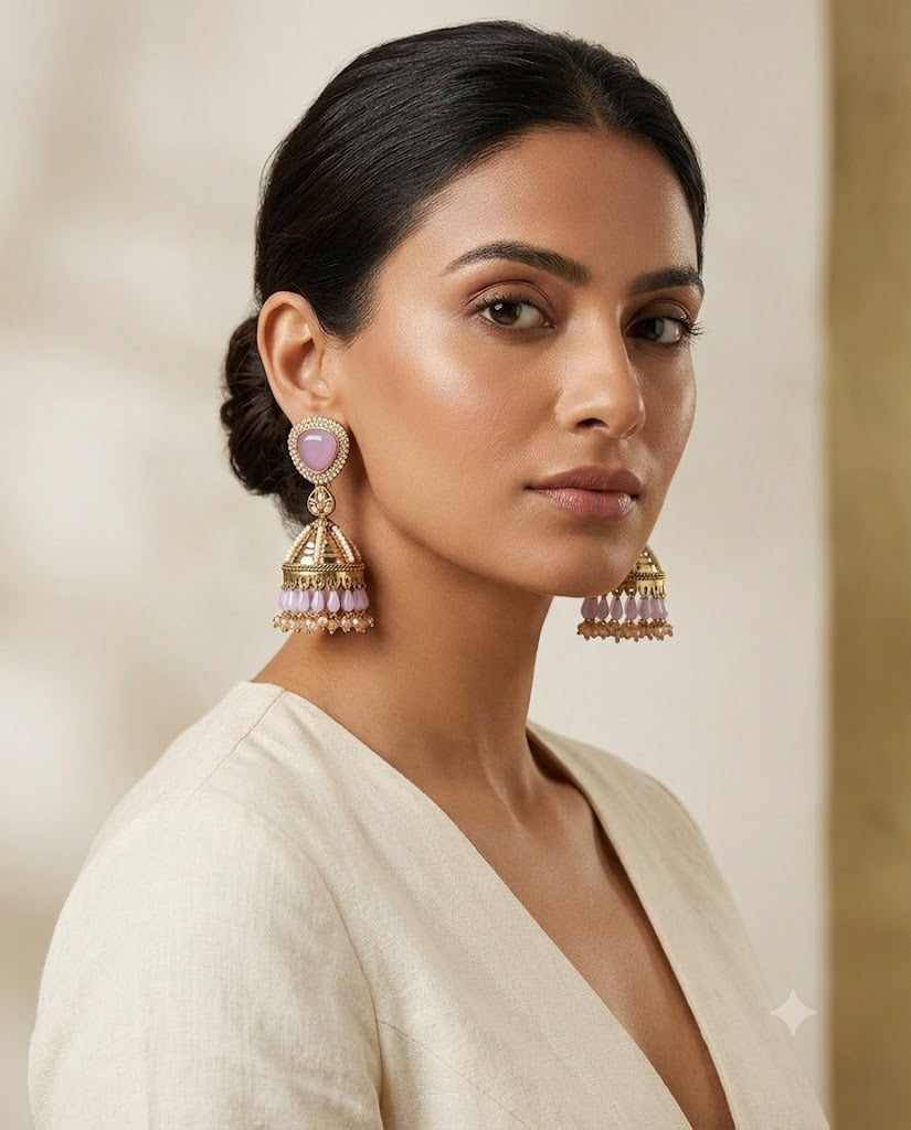 Kundan Pearl Drop Matt Finish Festive Ethnic Jhumki (Round To Stud)