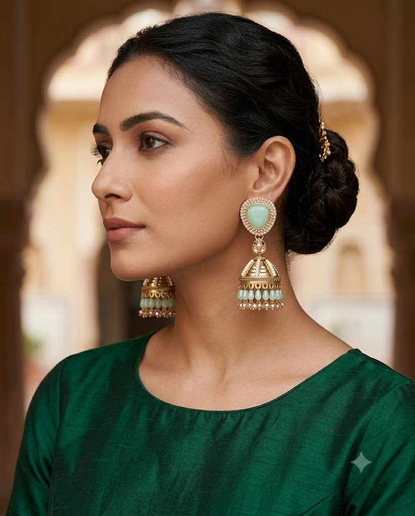 Kundan Pearl Drop Matt Finish Festive Ethnic Jhumki (Round To Stud)