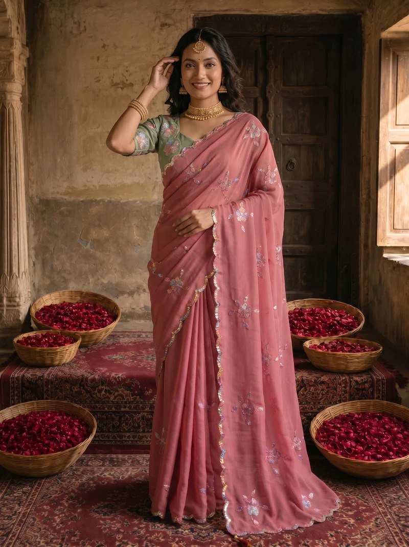 Dusty Rose Pink Embroidered Georgette Saree with Sage Green Designer Blouse | Wedding & Festive Wear