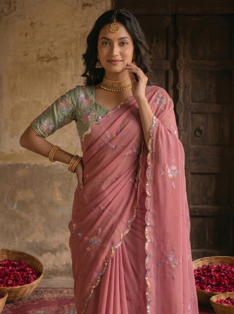 Dusty Rose Pink Embroidered Georgette Saree with Sage Green Designer Blouse | Wedding & Festive Wear