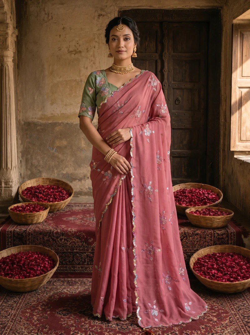Dusty Rose Pink Embroidered Georgette Saree with Sage Green Designer Blouse | Wedding & Festive Wear