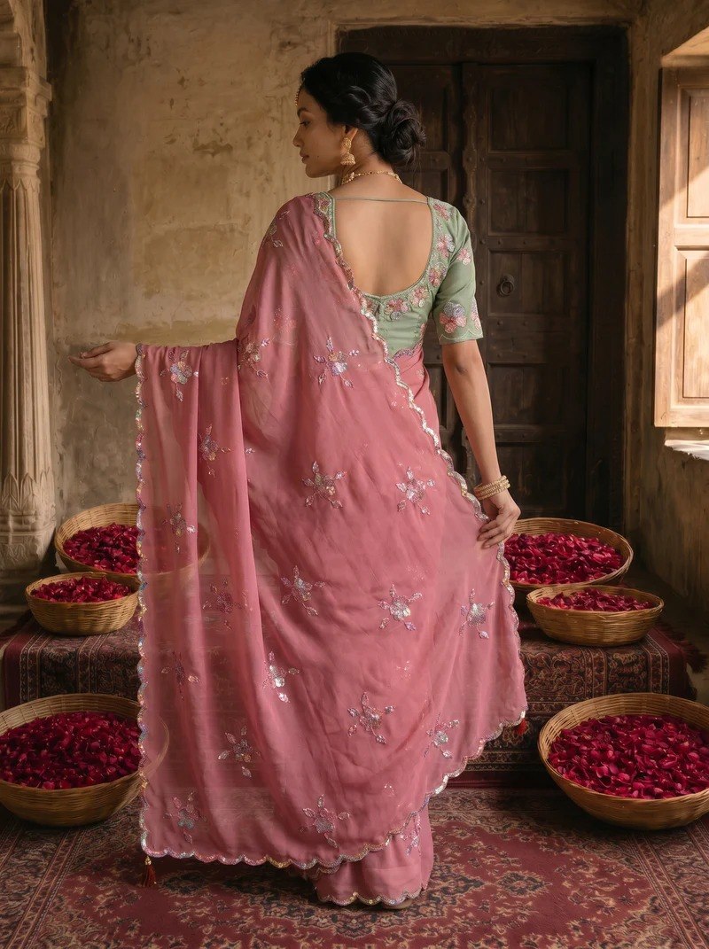 Dusty Rose Pink Embroidered Georgette Saree with Sage Green Designer Blouse | Wedding & Festive Wear