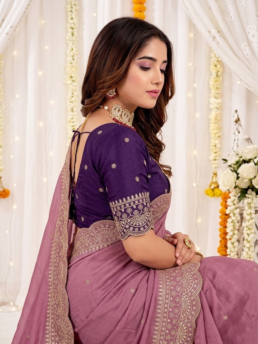Elenoir Grace Collection | Premium Dusty Rose Pink Embroidered Fab-Star Georgette Saree with Contrast Blouse | Wedding, Festive & Party Wear