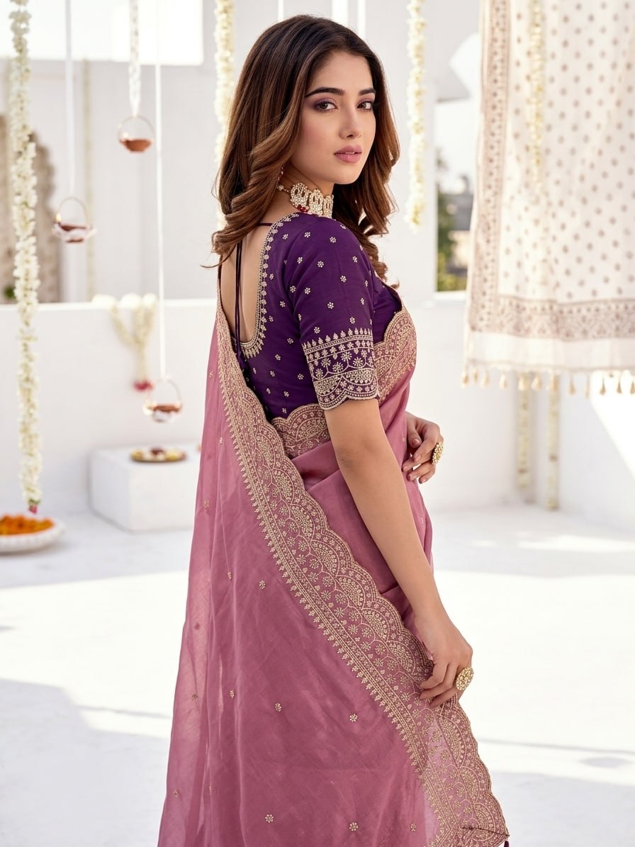Elenoir Grace Collection | Premium Dusty Rose Pink Embroidered Fab-Star Georgette Saree with Contrast Blouse | Wedding, Festive & Party Wear