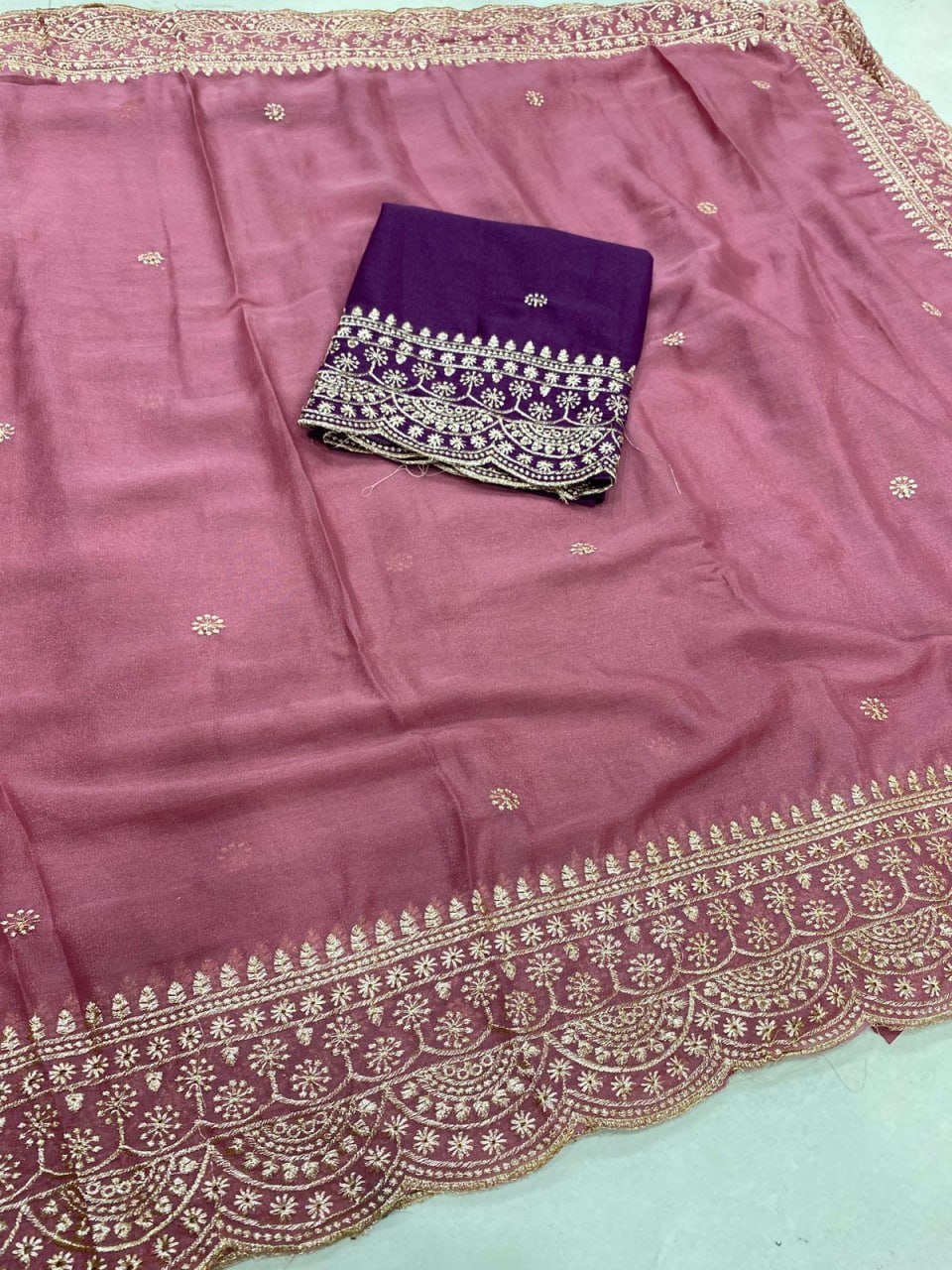 Elenoir Grace Collection | Premium Dusty Rose Pink Embroidered Fab-Star Georgette Saree with Contrast Blouse | Wedding, Festive & Party Wear