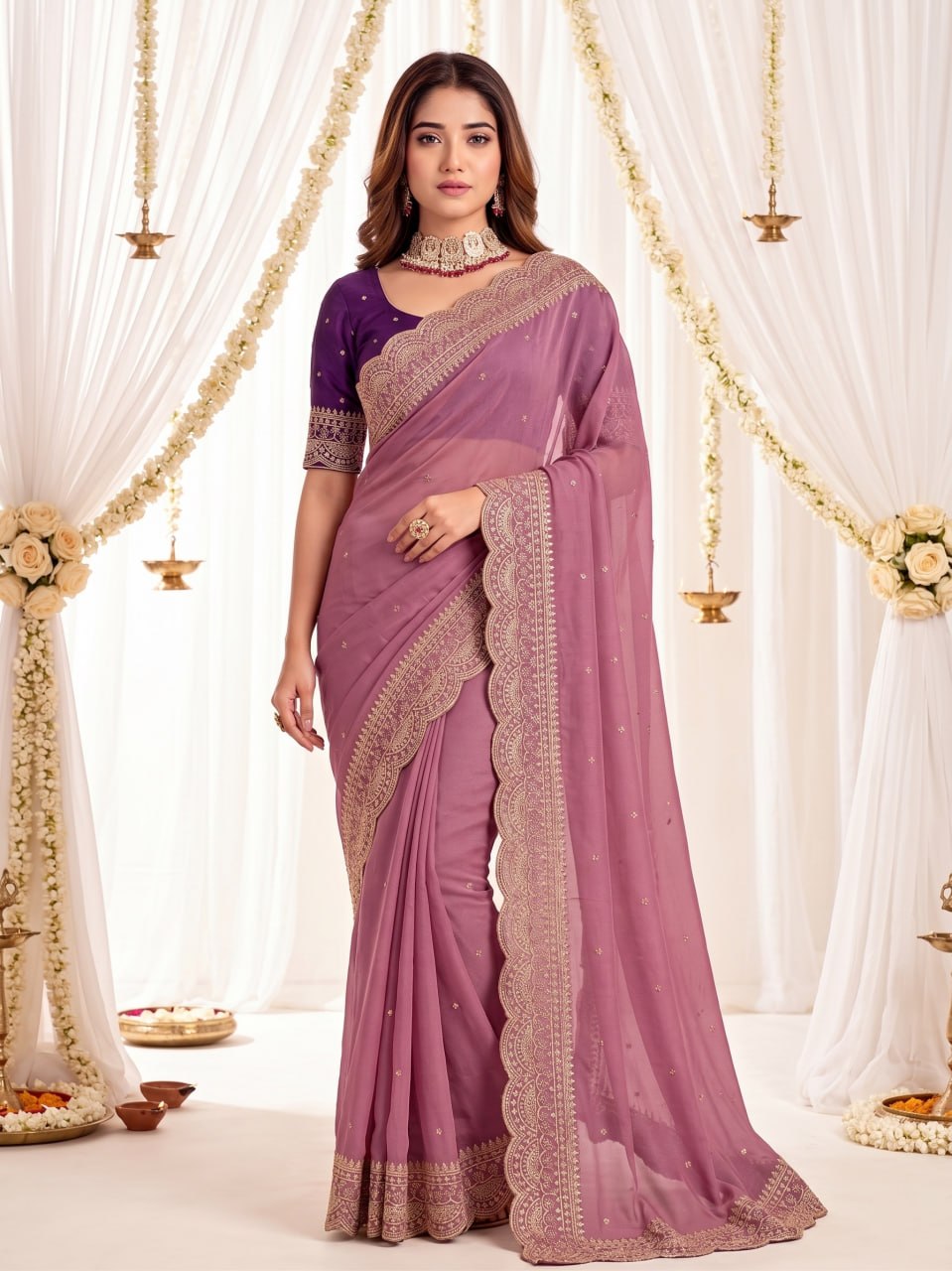 Elenoir Grace Collection | Premium Dusty Rose Pink Embroidered Fab-Star Georgette Saree with Contrast Blouse | Wedding, Festive & Party Wear