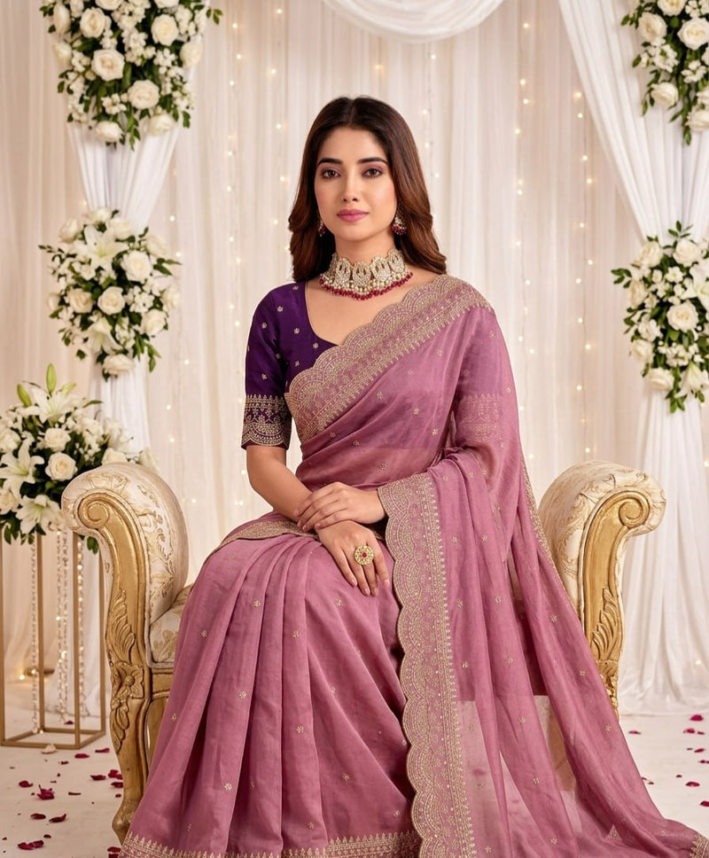 Elenoir Grace Collection | Premium Dusty Rose Pink Embroidered Fab-Star Georgette Saree with Contrast Blouse | Wedding, Festive & Party Wear