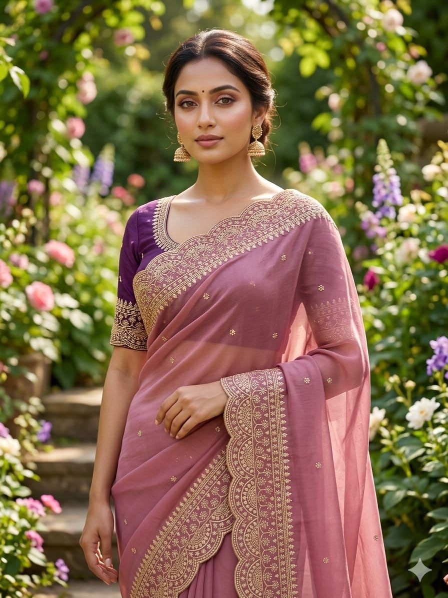 Elenoir Grace Collection | Premium Dusty Rose Pink Embroidered Fab-Star Georgette Saree with Contrast Blouse | Wedding, Festive & Party Wear