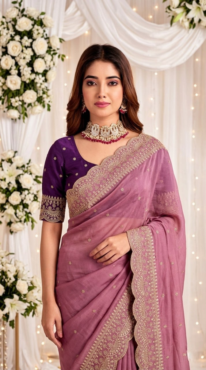 Elenoir Grace Collection | Premium Dusty Rose Pink Embroidered Fab-Star Georgette Saree with Contrast Blouse | Wedding, Festive & Party Wear