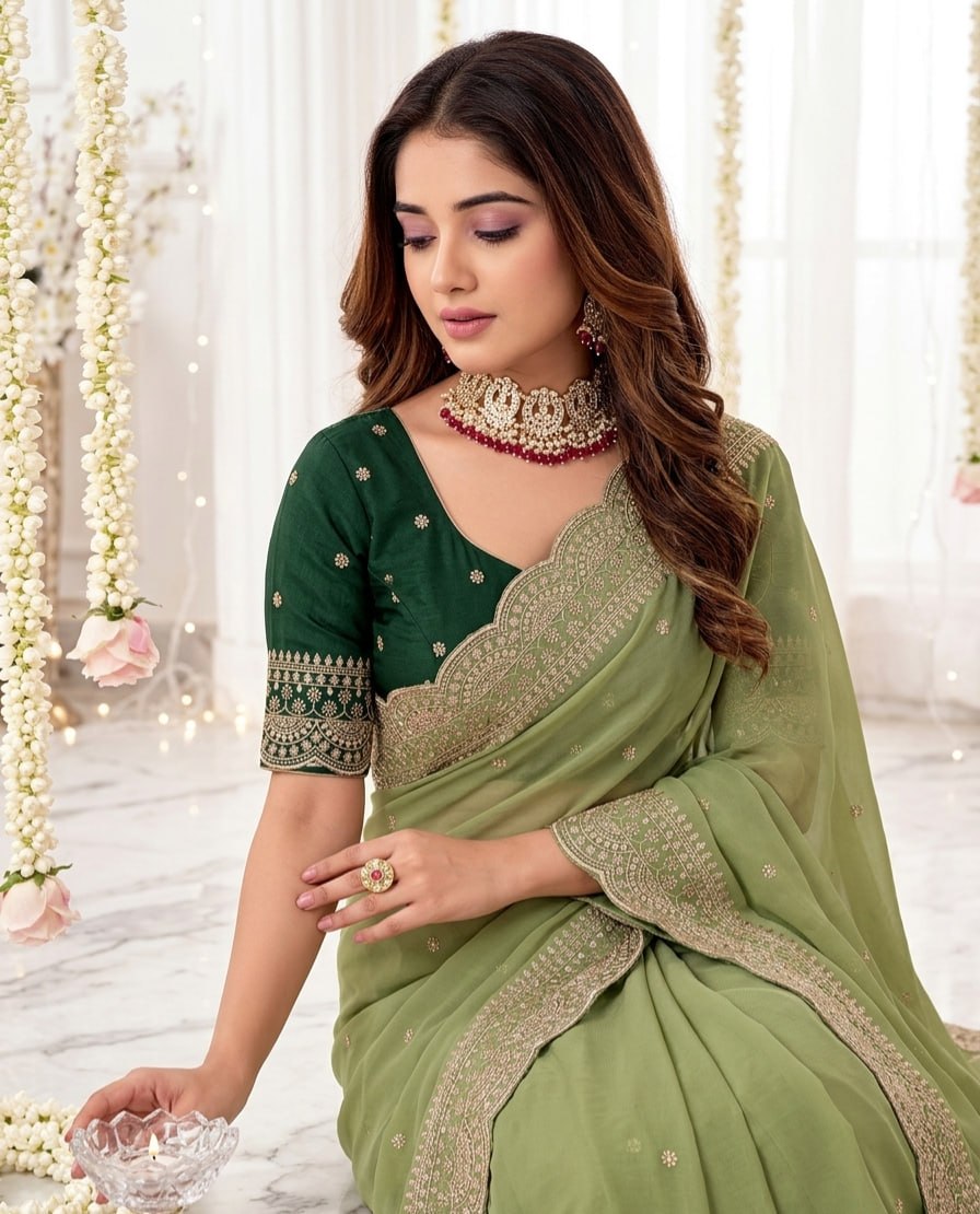 Elenoir Grace Collection | Premium Dusty Sage Green Embroidered Fab-Star Georgette Saree with Dark Green Contrast Blouse | Wedding, Festive & Party Wear