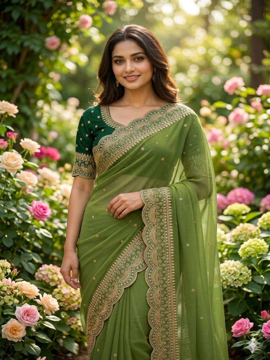 Elenoir Grace Collection | Premium Dusty Sage Green Embroidered Fab-Star Georgette Saree with Dark Green Contrast Blouse | Wedding, Festive & Party Wear