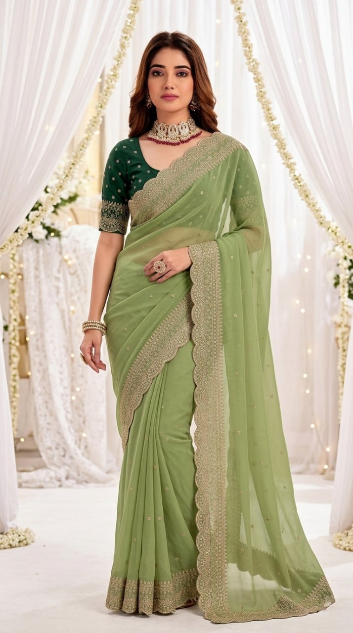 Elenoir Grace Collection | Premium Dusty Sage Green Embroidered Fab-Star Georgette Saree with Dark Green Contrast Blouse | Wedding, Festive & Party Wear