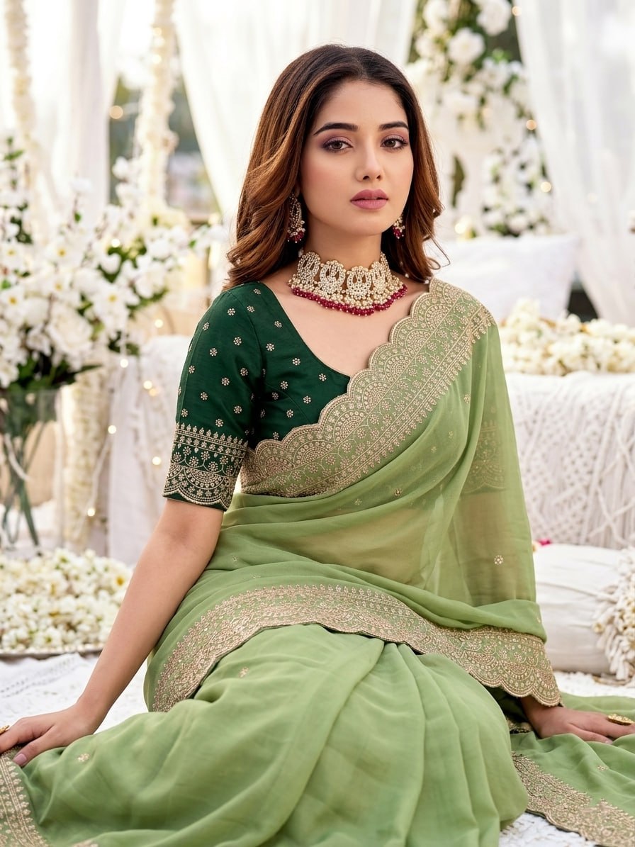 Elenoir Grace Collection | Premium Dusty Sage Green Embroidered Fab-Star Georgette Saree with Dark Green Contrast Blouse | Wedding, Festive & Party Wear