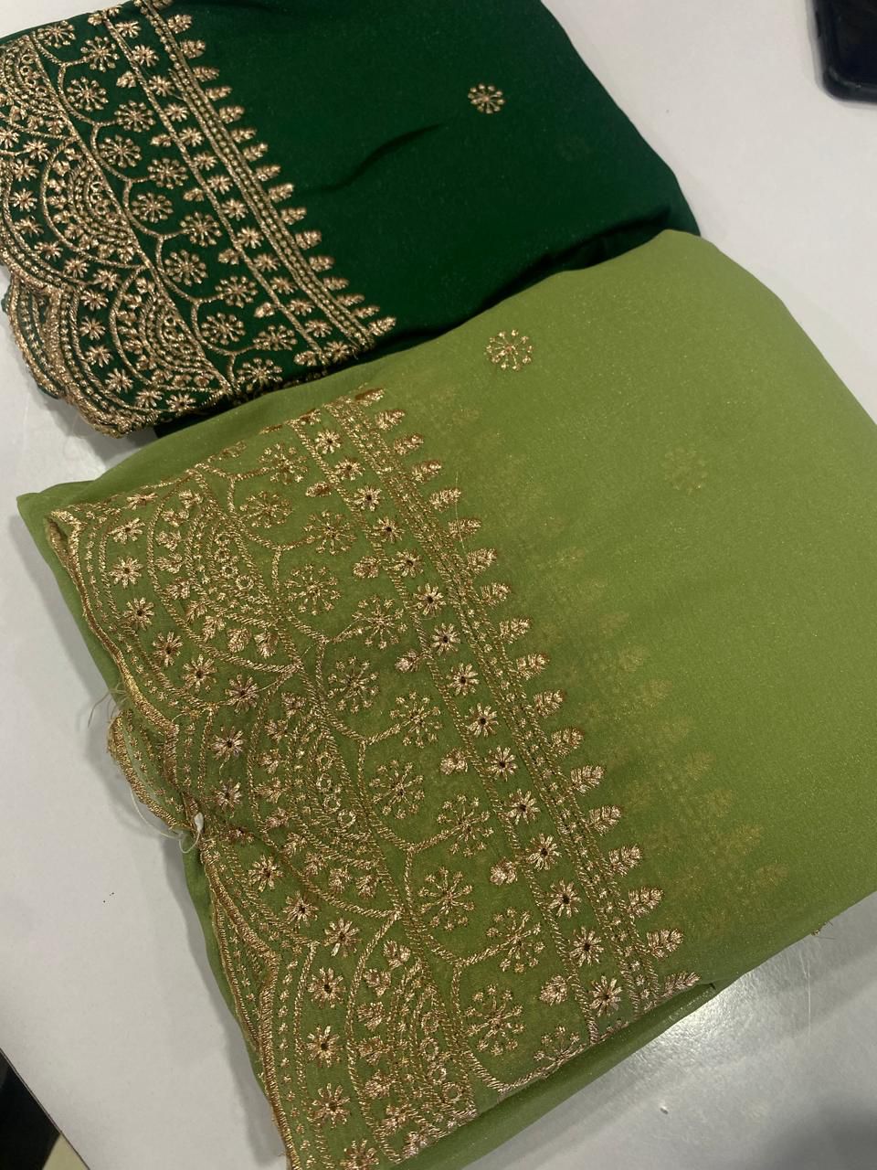 Elenoir Grace Collection | Premium Dusty Sage Green Embroidered Fab-Star Georgette Saree with Dark Green Contrast Blouse | Wedding, Festive & Party Wear