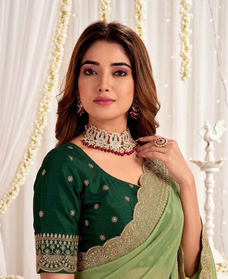 Elenoir Grace Collection | Premium Dusty Sage Green Embroidered Fab-Star Georgette Saree with Dark Green Contrast Blouse | Wedding, Festive & Party Wear