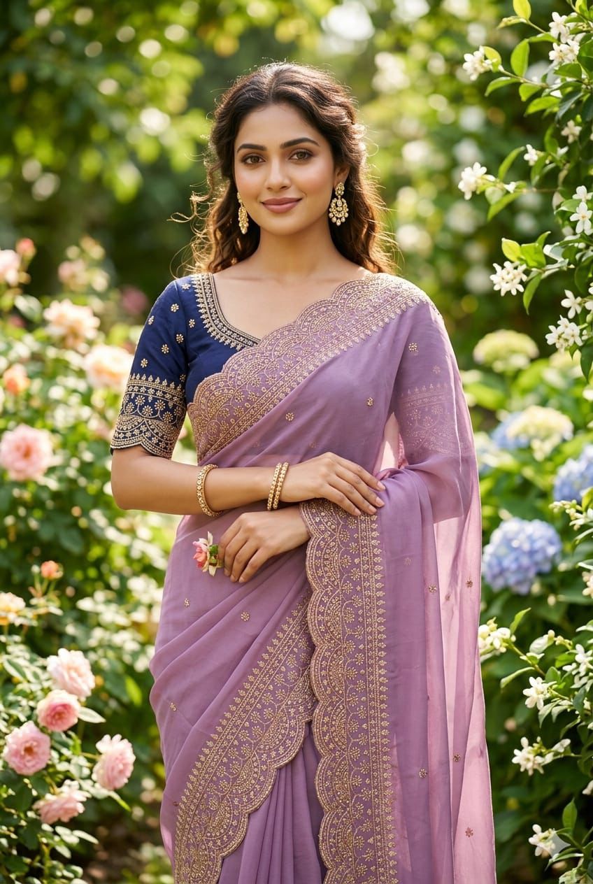 Elenoir Grace Collection | Premium Lavender Embroidered Fab-Star Georgette Saree with Contrast Blouse | Wedding, Festive & Party Wear