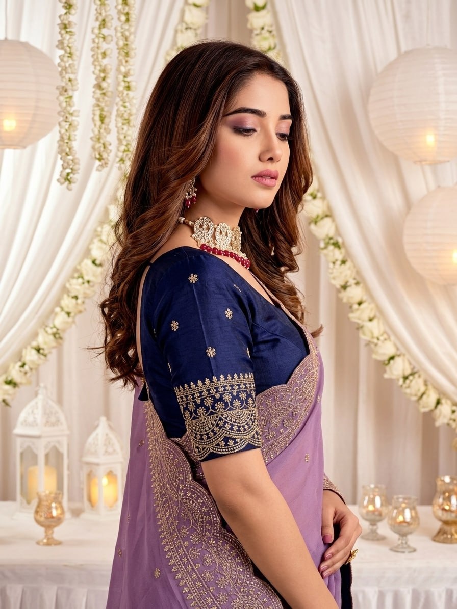 Elenoir Grace Collection | Premium Lavender Embroidered Fab-Star Georgette Saree with Contrast Blouse | Wedding, Festive & Party Wear