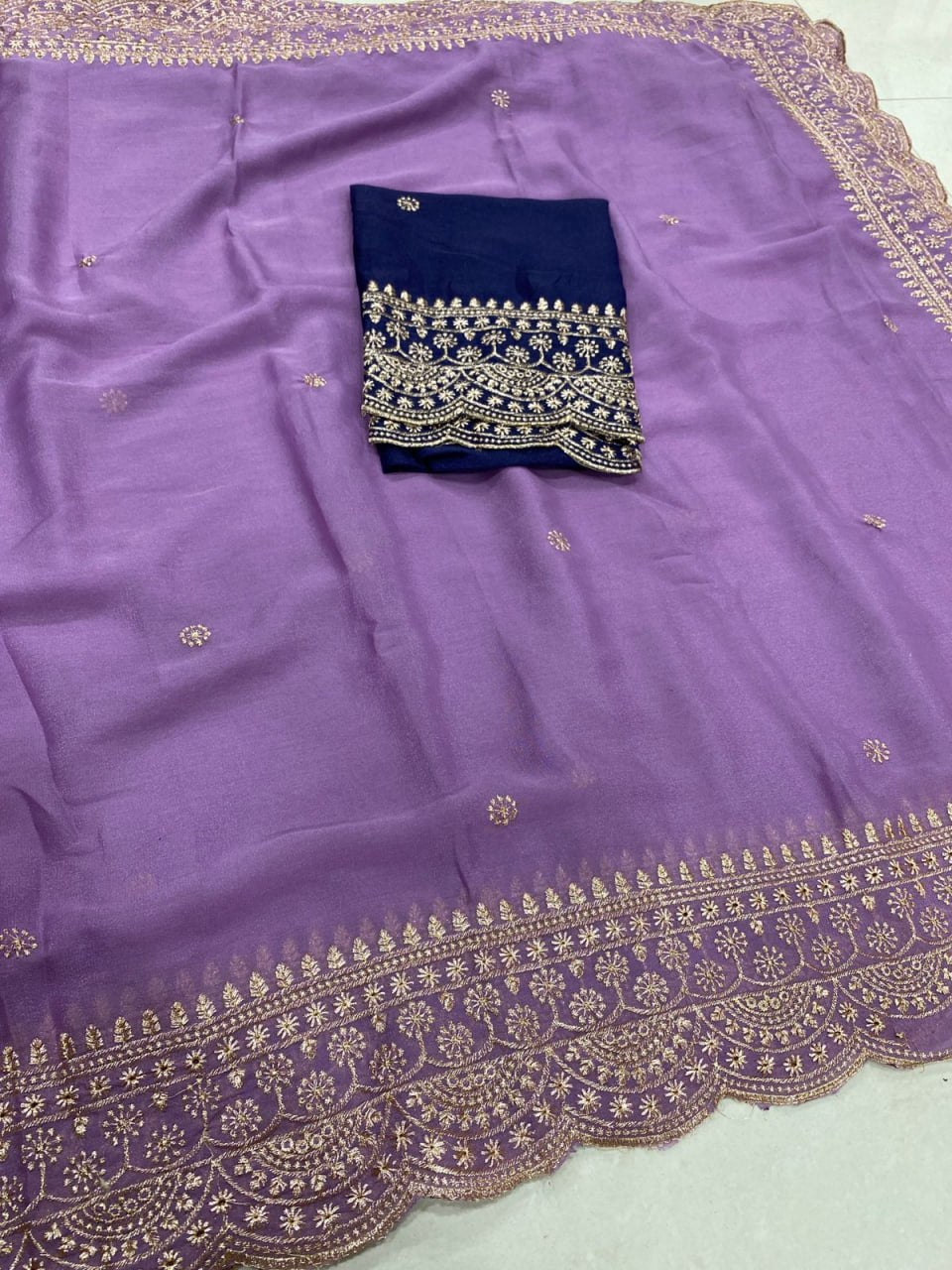 Elenoir Grace Collection | Premium Lavender Embroidered Fab-Star Georgette Saree with Contrast Blouse | Wedding, Festive & Party Wear