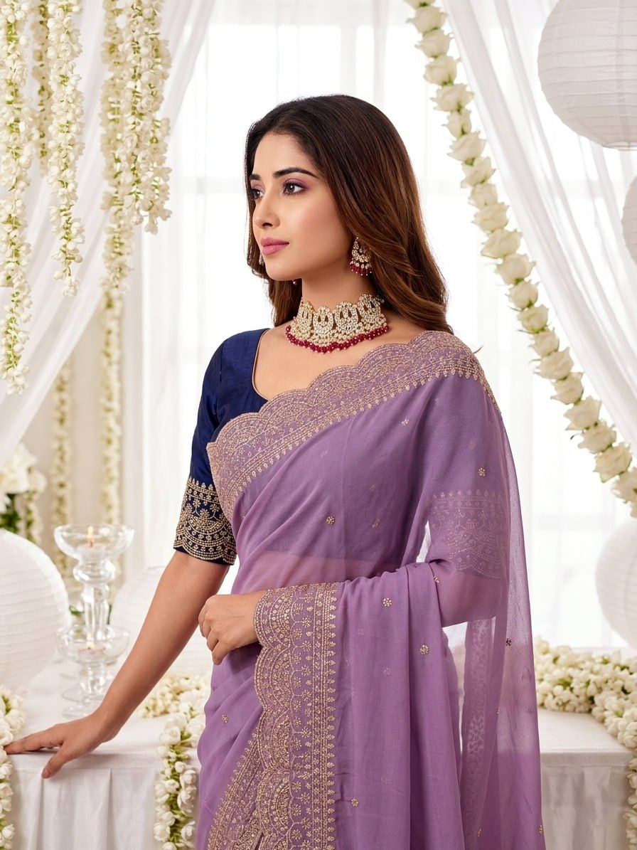 Elenoir Grace Collection | Premium Lavender Embroidered Fab-Star Georgette Saree with Contrast Blouse | Wedding, Festive & Party Wear
