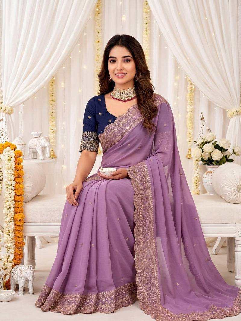 Elenoir Grace Collection | Premium Lavender Embroidered Fab-Star Georgette Saree with Contrast Blouse | Wedding, Festive & Party Wear
