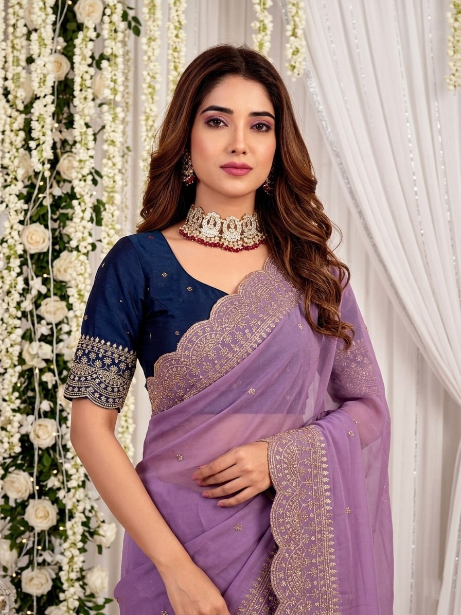 Elenoir Grace Collection | Premium Lavender Embroidered Fab-Star Georgette Saree with Contrast Blouse | Wedding, Festive & Party Wear