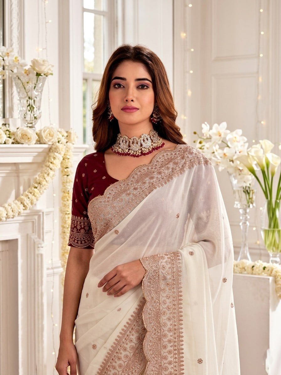 Elenoir Grace Collection | Premium Pearl White Embroidered Fab-Star Georgette Saree with Contrast Blouse | Wedding, Festive & Party Wear