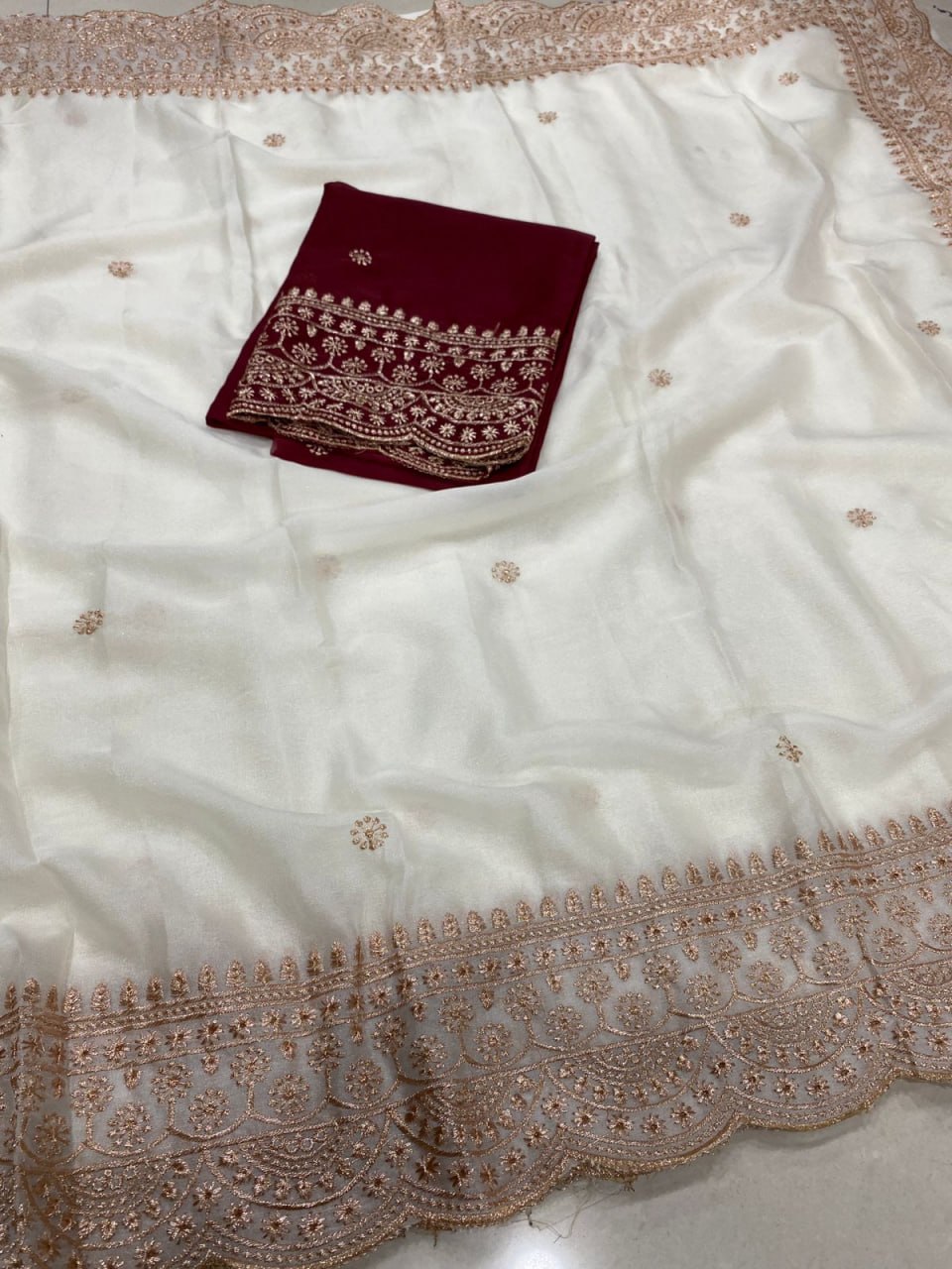 Elenoir Grace Collection | Premium Pearl White Embroidered Fab-Star Georgette Saree with Contrast Blouse | Wedding, Festive & Party Wear