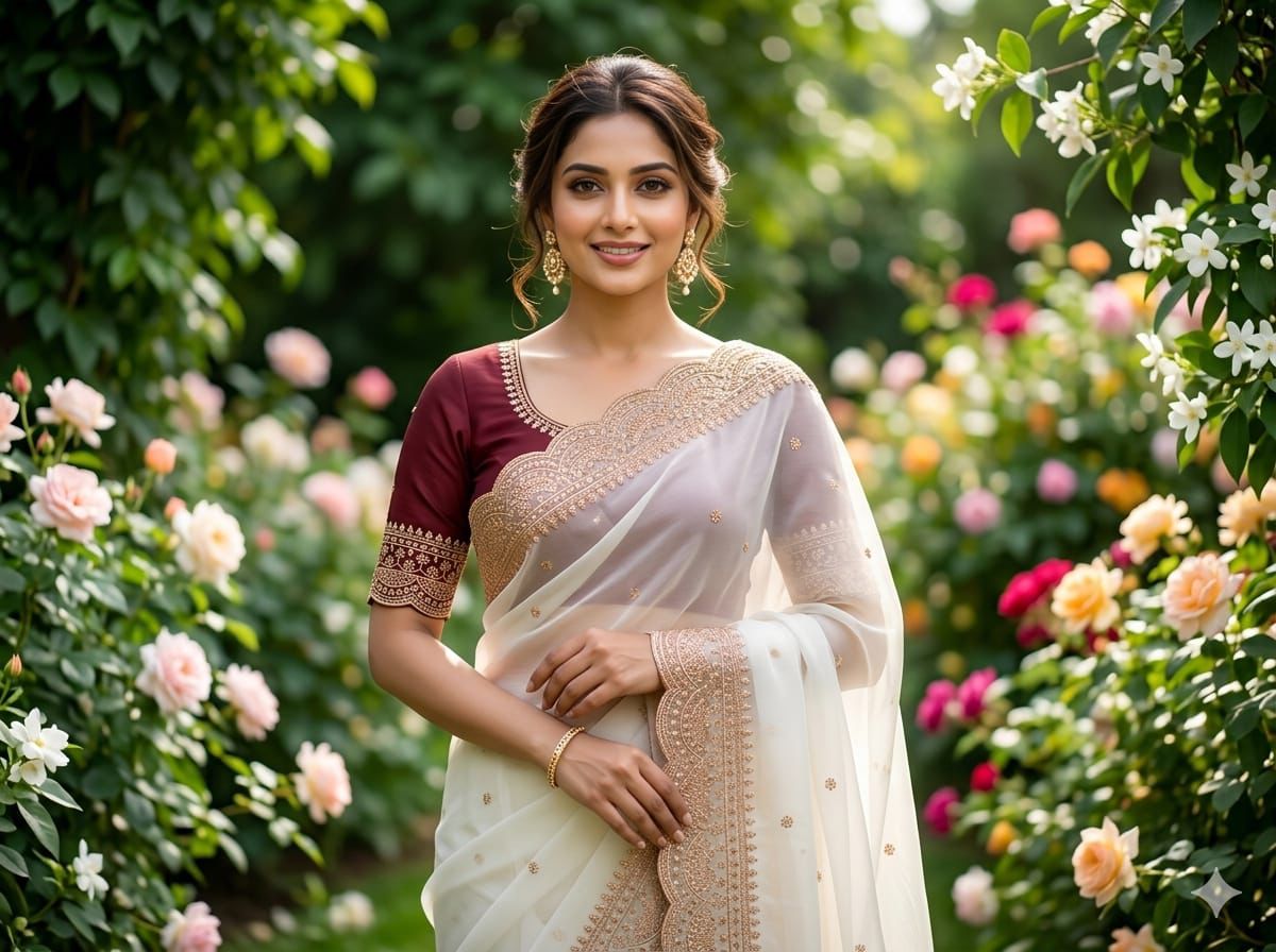 Elenoir Grace Collection | Premium Pearl White Embroidered Fab-Star Georgette Saree with Contrast Blouse | Wedding, Festive & Party Wear