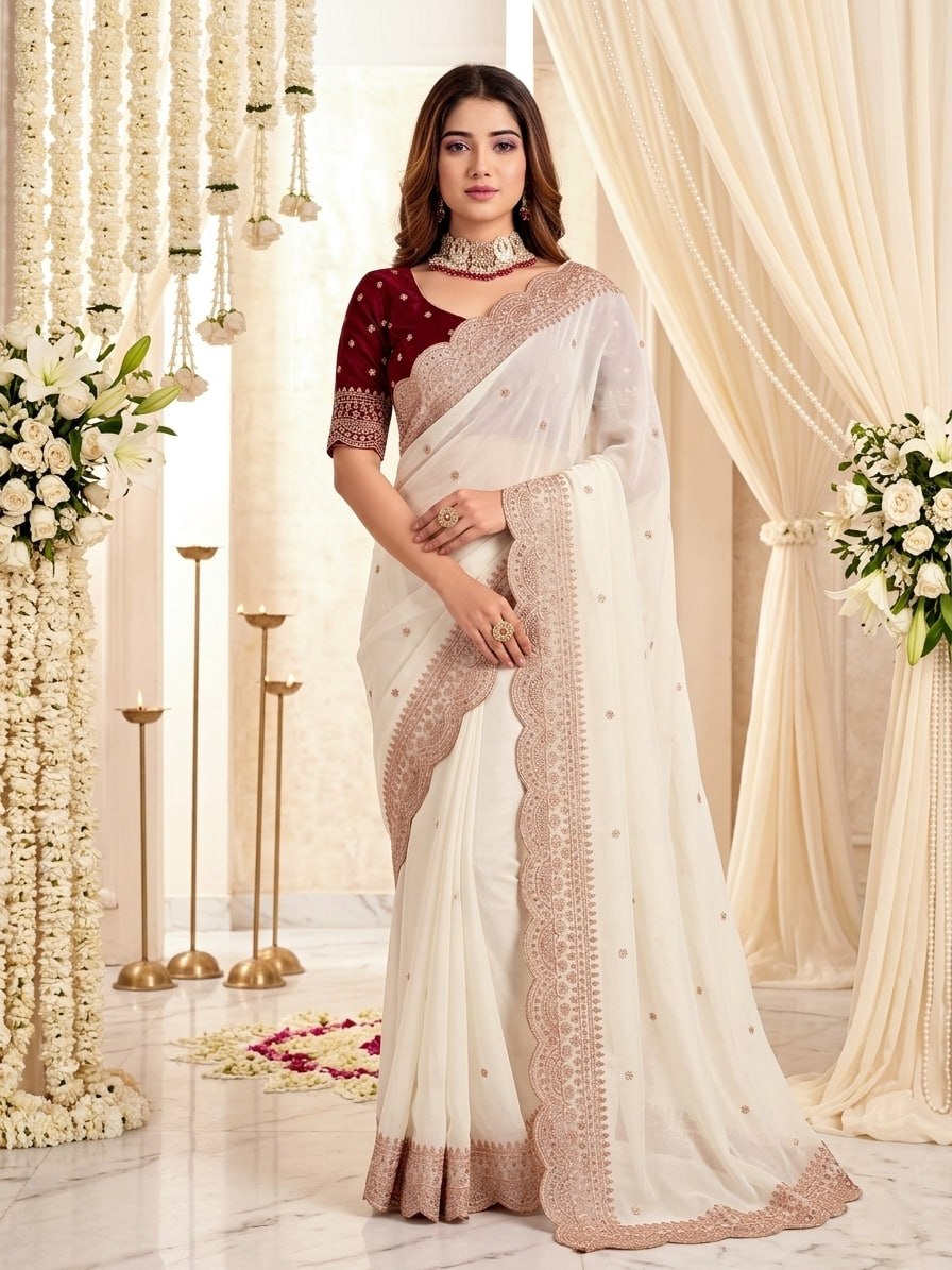 Elenoir Grace Collection | Premium Pearl White Embroidered Fab-Star Georgette Saree with Contrast Blouse | Wedding, Festive & Party Wear