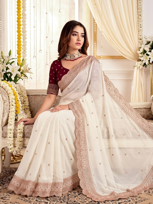 Elenoir Grace Collection | Premium Pearl White Embroidered Fab-Star Georgette Saree with Contrast Blouse | Wedding, Festive & Party Wear
