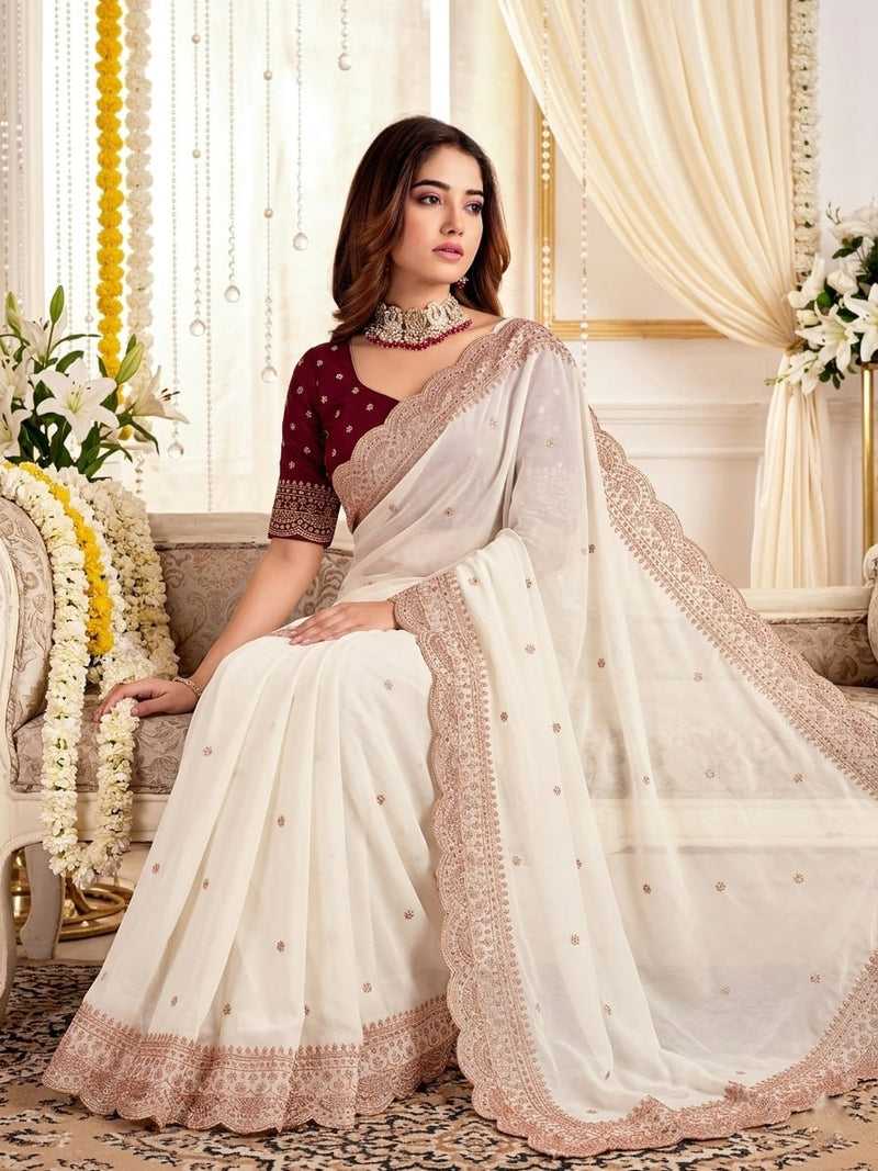 Elenoir Grace Collection | Premium Pearl White Embroidered Fab-Star Georgette Saree with Contrast Blouse | Wedding, Festive & Party Wear