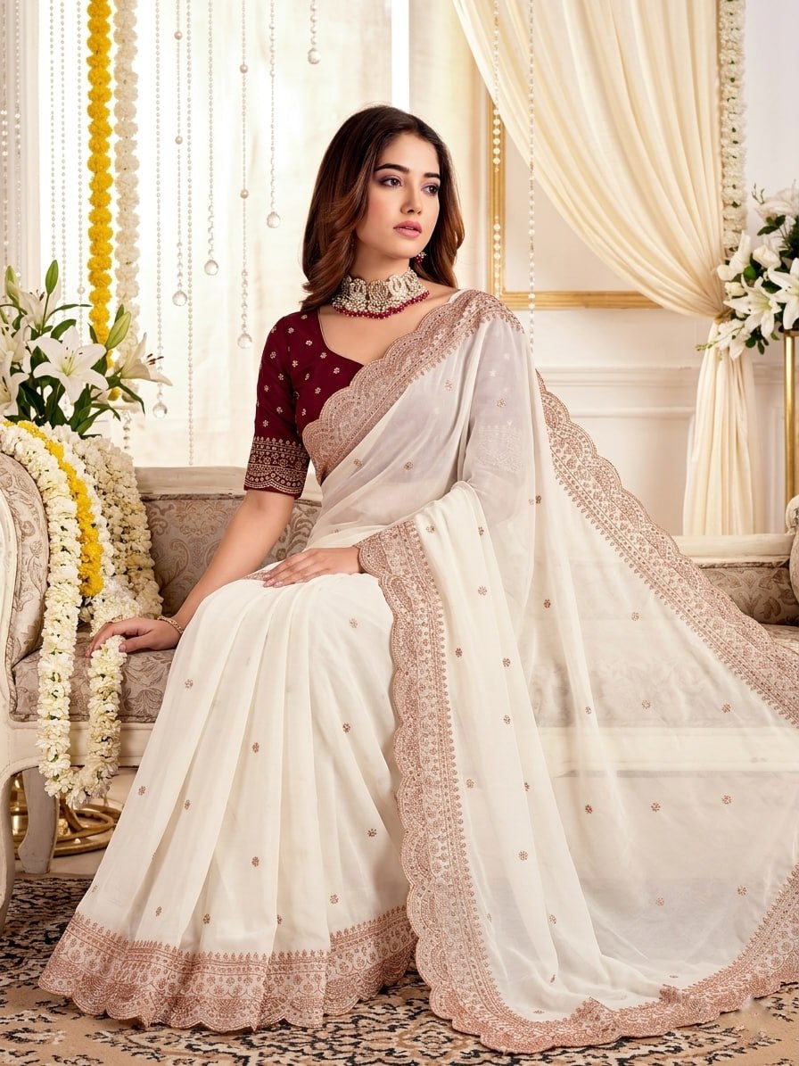 Elenoir Grace Collection | Premium Pearl White Embroidered Fab-Star Georgette Saree with Contrast Blouse | Wedding, Festive & Party Wear