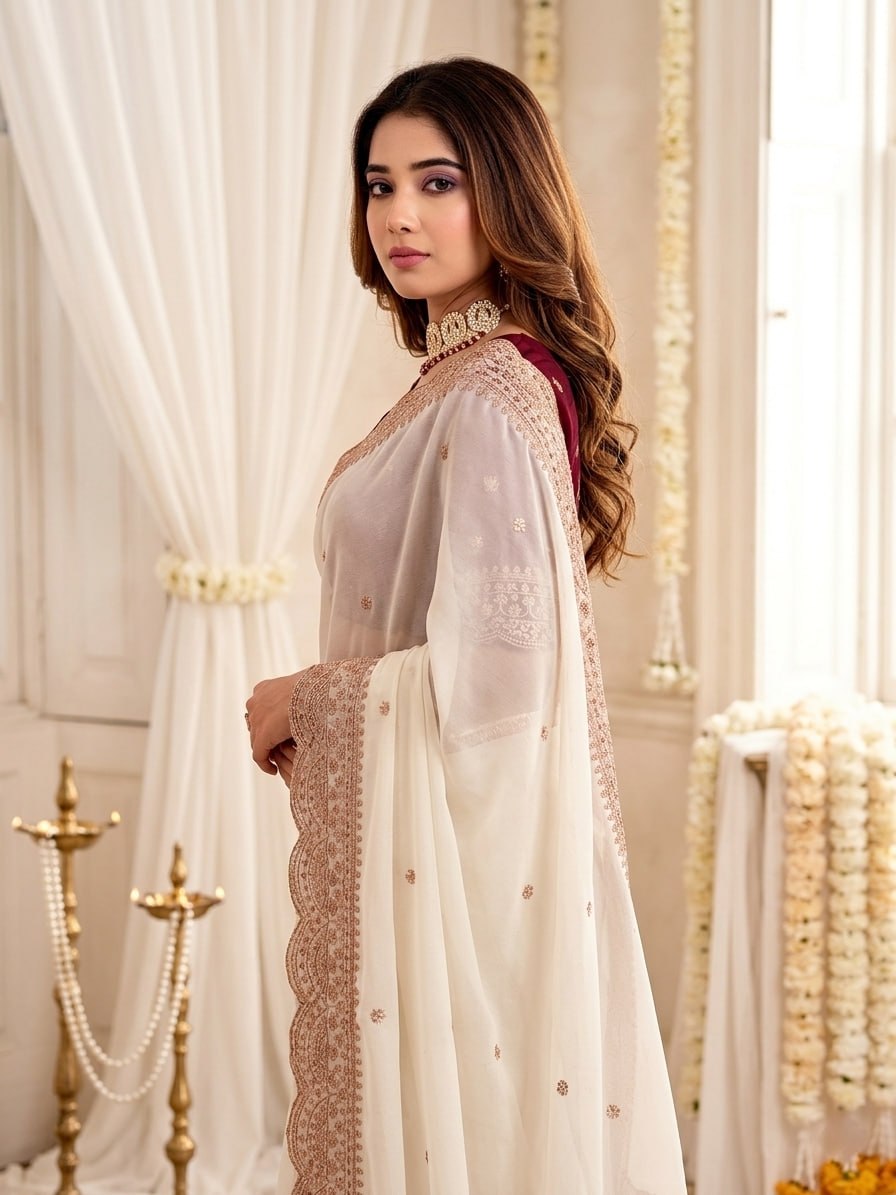 Elenoir Grace Collection | Premium Pearl White Embroidered Fab-Star Georgette Saree with Contrast Blouse | Wedding, Festive & Party Wear