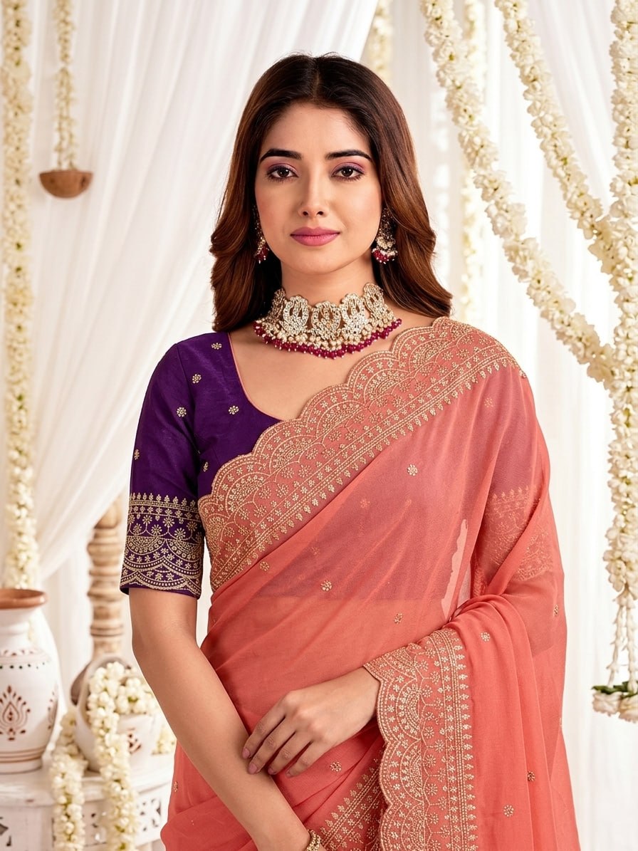 Elenoir Grace Collection | Premium Sunset Orange Embroidered Fab-Star Georgette Saree with Contrast Blouse | Wedding, Festive & Party Wear