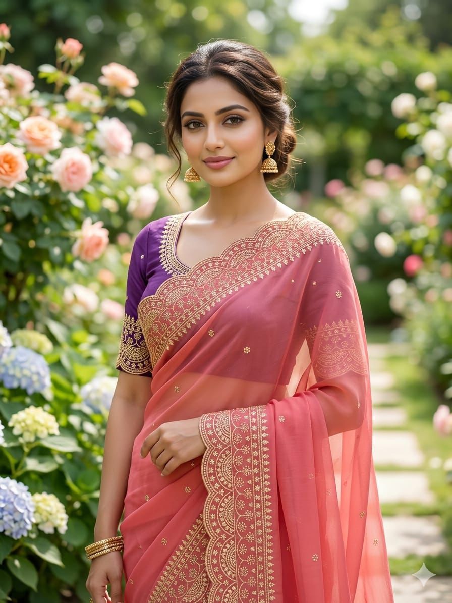 Elenoir Grace Collection | Premium Sunset Orange Embroidered Fab-Star Georgette Saree with Contrast Blouse | Wedding, Festive & Party Wear