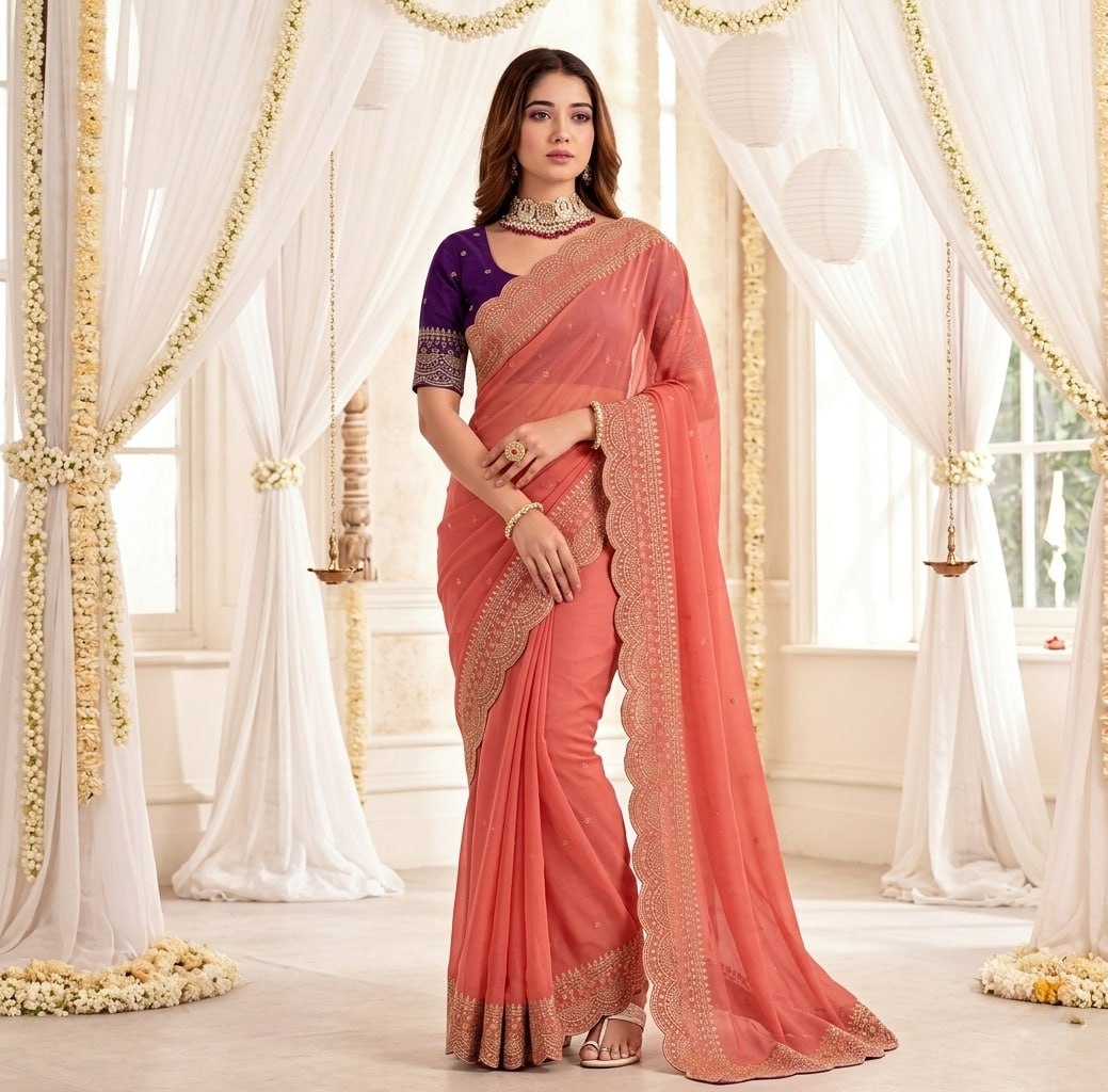 Elenoir Grace Collection | Premium Sunset Orange Embroidered Fab-Star Georgette Saree with Contrast Blouse | Wedding, Festive & Party Wear