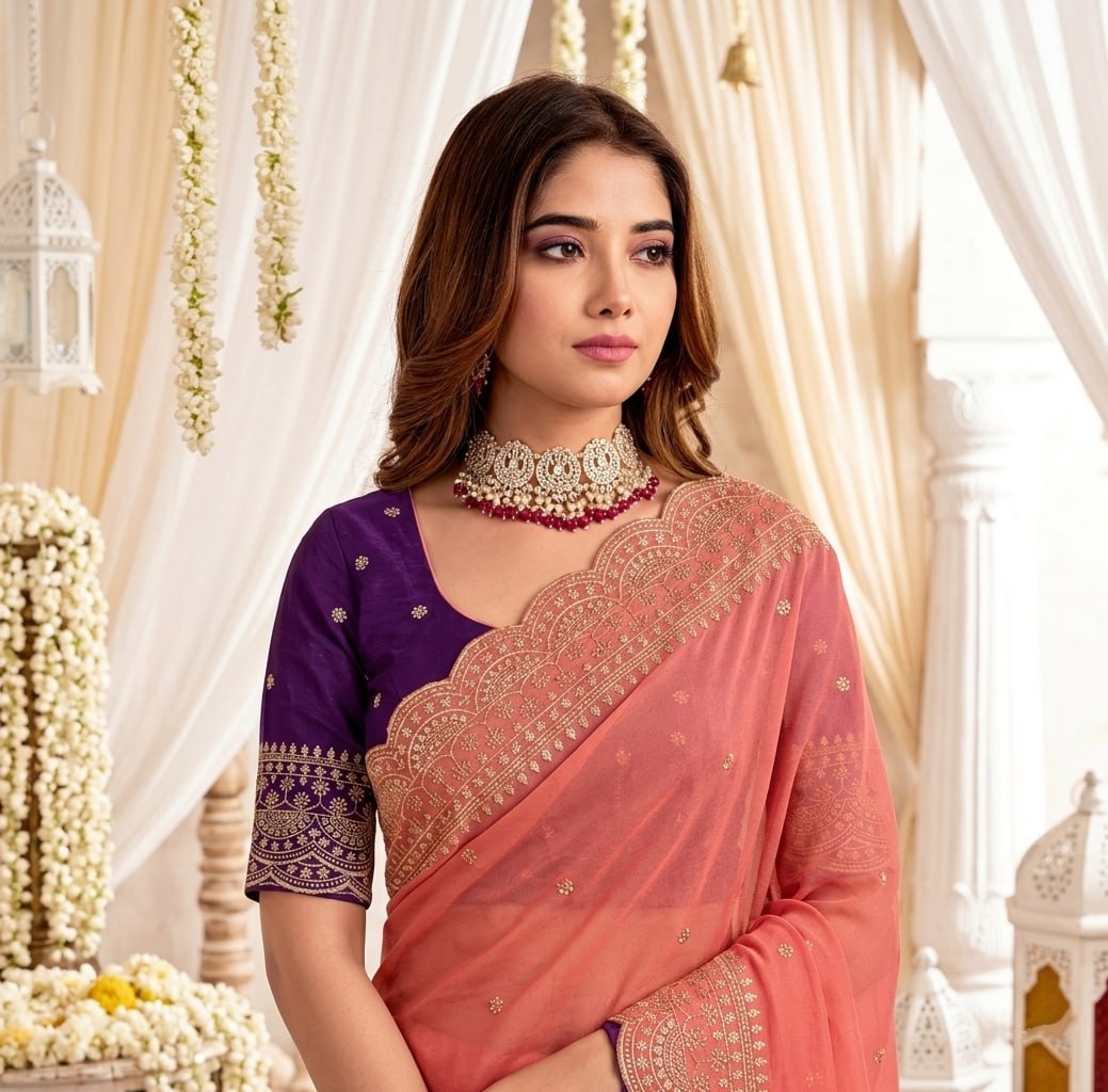 Elenoir Grace Collection | Premium Sunset Orange Embroidered Fab-Star Georgette Saree with Contrast Blouse | Wedding, Festive & Party Wear