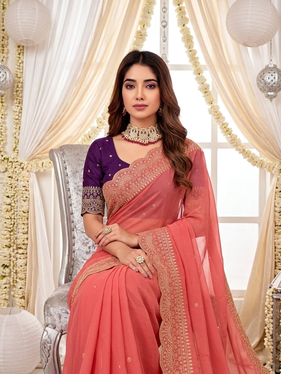 Elenoir Grace Collection | Premium Sunset Orange Embroidered Fab-Star Georgette Saree with Contrast Blouse | Wedding, Festive & Party Wear