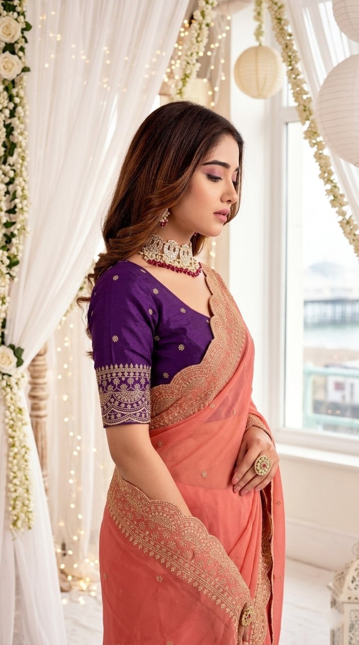 Elenoir Grace Collection | Premium Sunset Orange Embroidered Fab-Star Georgette Saree with Contrast Blouse | Wedding, Festive & Party Wear