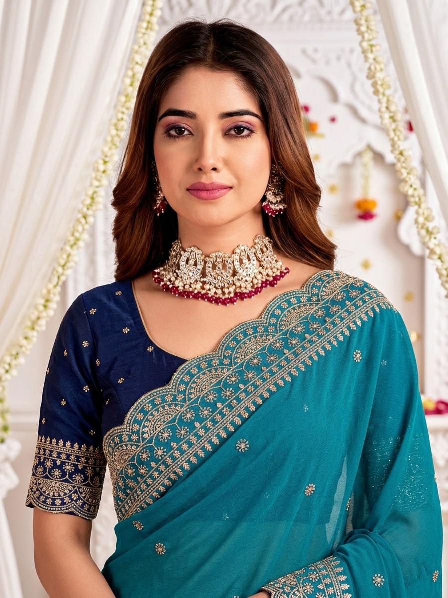 Elenoir Grace Collection | Premium Teal Embroidered Fab-Star Georgette Saree with Contrast Blouse | Wedding, Festive & Party Wear